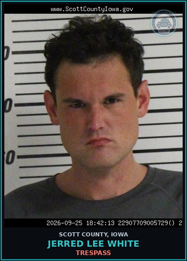 Booking mugshot of Jerred Lee White in Scott County