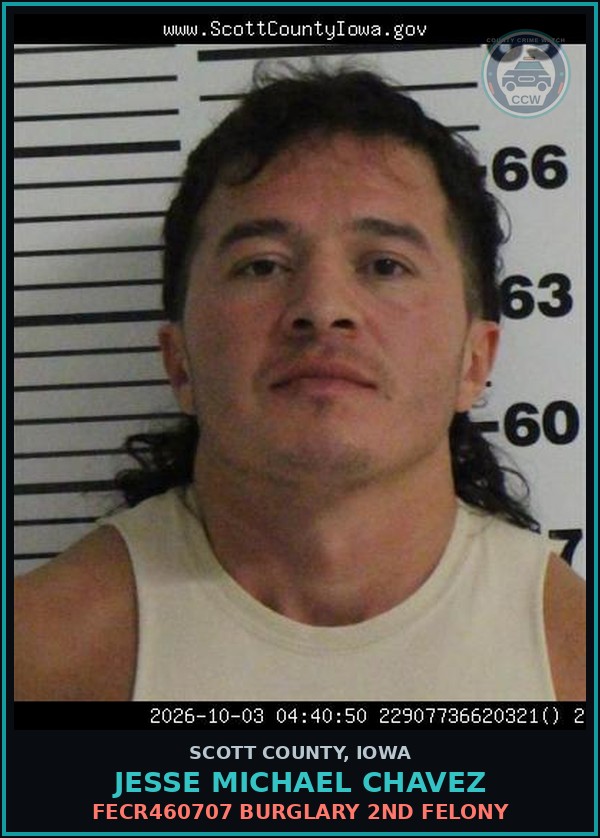 Booking mugshot of Jesse Michael Chavez in Scott County