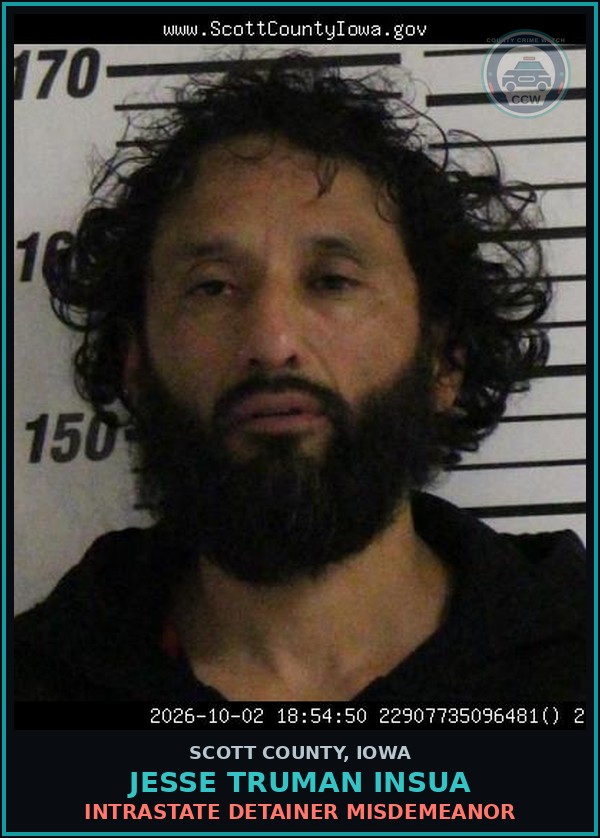 Booking mugshot of Jesse Truman Insua in Scott County