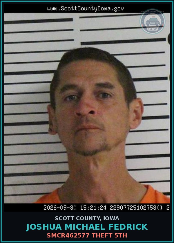 Booking mugshot of Joshua Michael Fedrick in Scott County