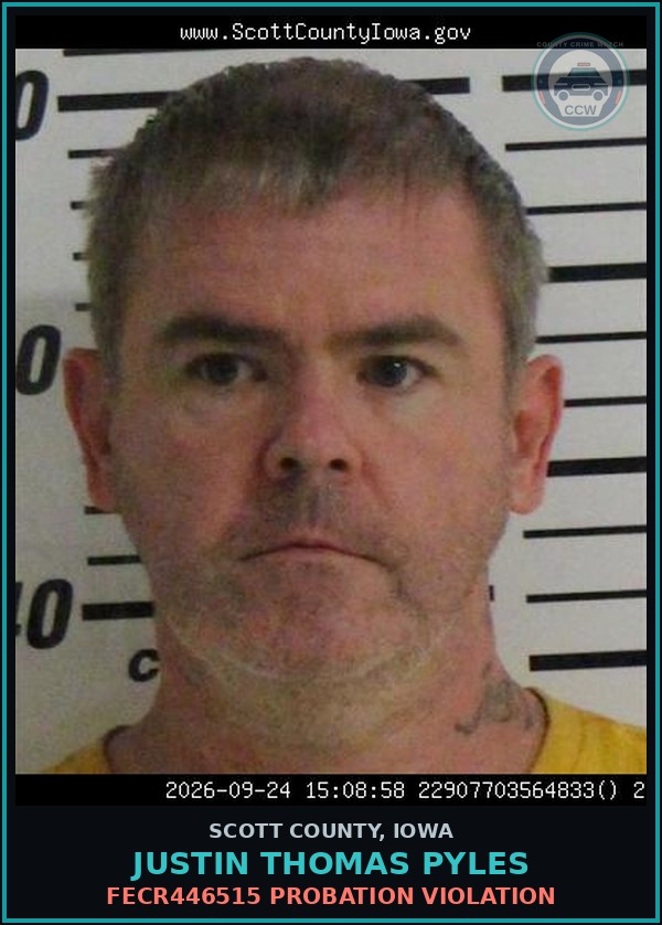 Booking mugshot of Justin Thomas Pyles in Scott County