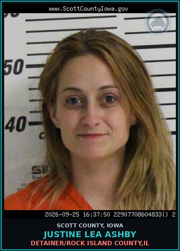 Booking mugshot of Justine Lea Ashby in Scott County