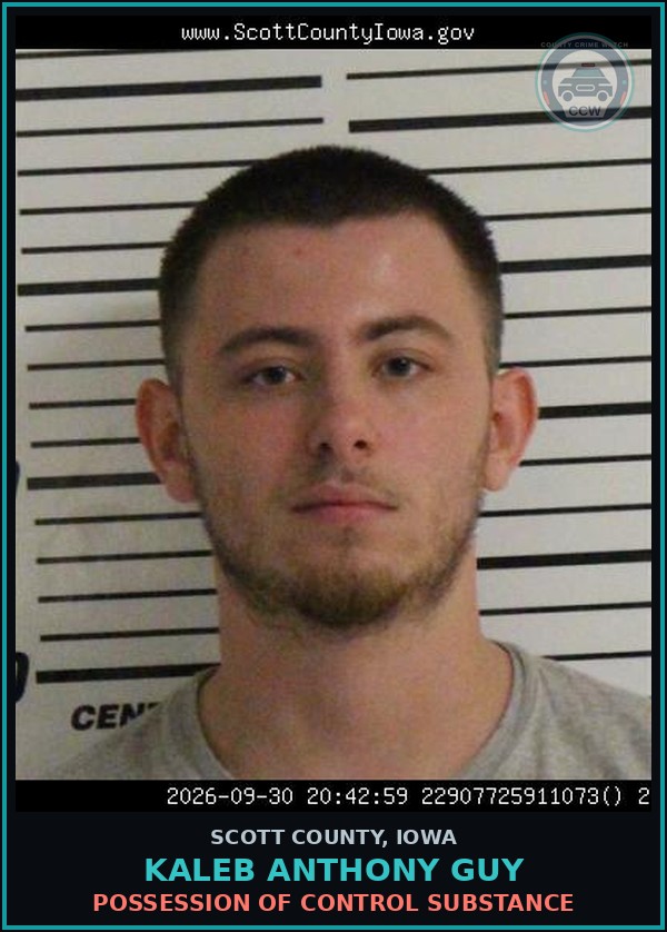 Booking mugshot of Kaleb Anthony Guy in Scott County