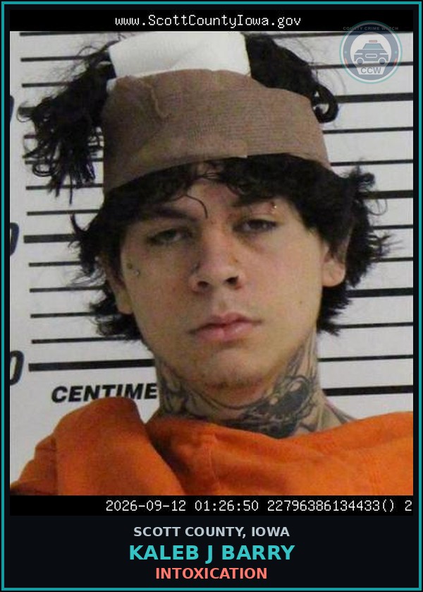 Booking mugshot of Kaleb J Barry in Scott County