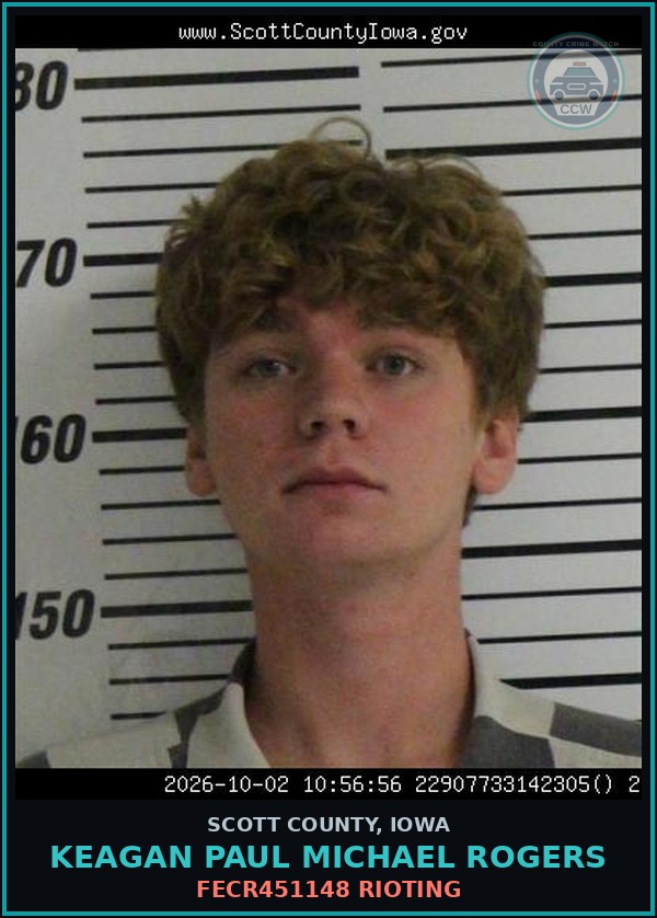 Booking mugshot of Keagan Paul Michael Rogers in Scott County