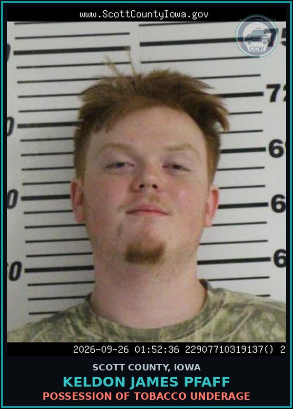 Booking mugshot of Keldon James Pfaff in Scott County