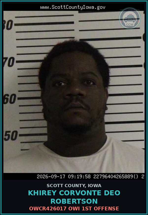 Booking mugshot of Khirey Corvonte Deo Robertson in Scott County