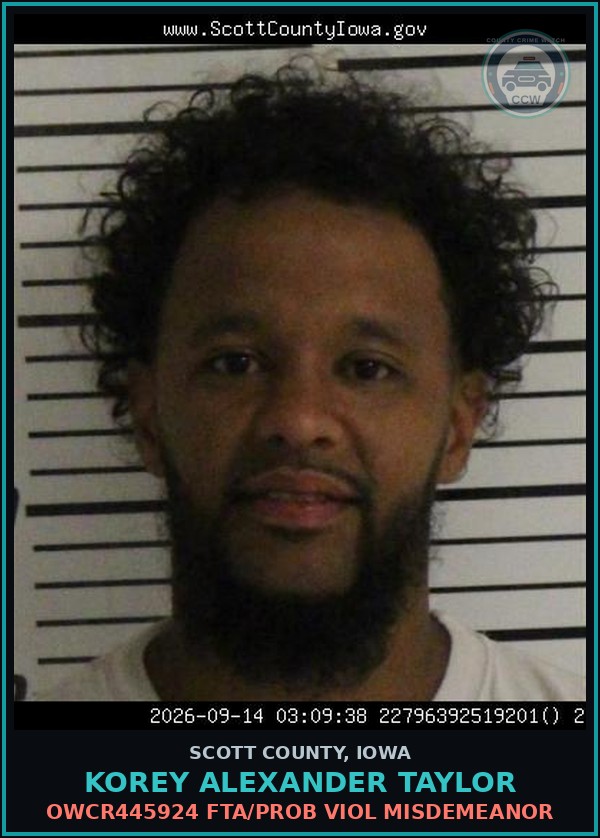 Booking mugshot of Korey Alexander Taylor in Scott County
