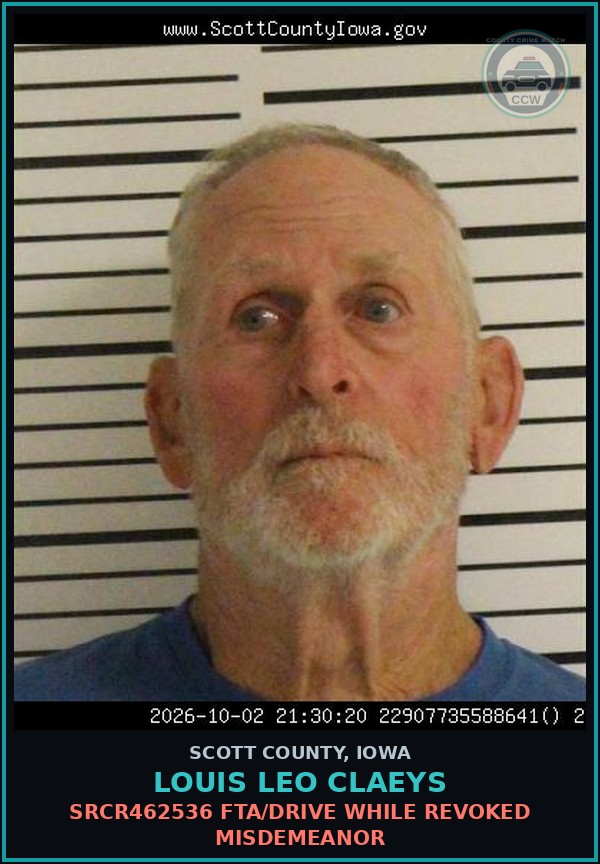 Booking mugshot of Louis Leo Claeys in Scott County
