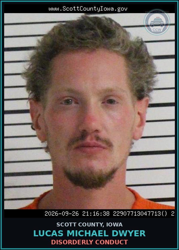 Booking mugshot of Lucas Michael Dwyer in Scott County