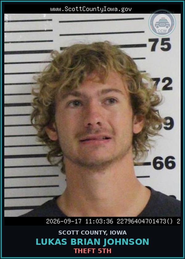 Booking mugshot of Lukas Brian Johnson in Scott County