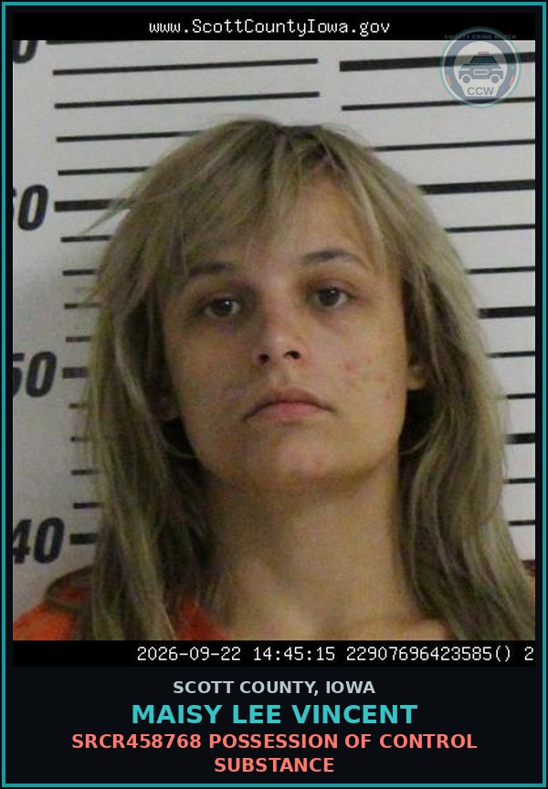 Booking mugshot of Maisy Lee Vincent in Scott County