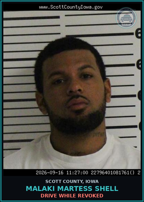 Booking mugshot of Malaki Martess Shell in Scott County