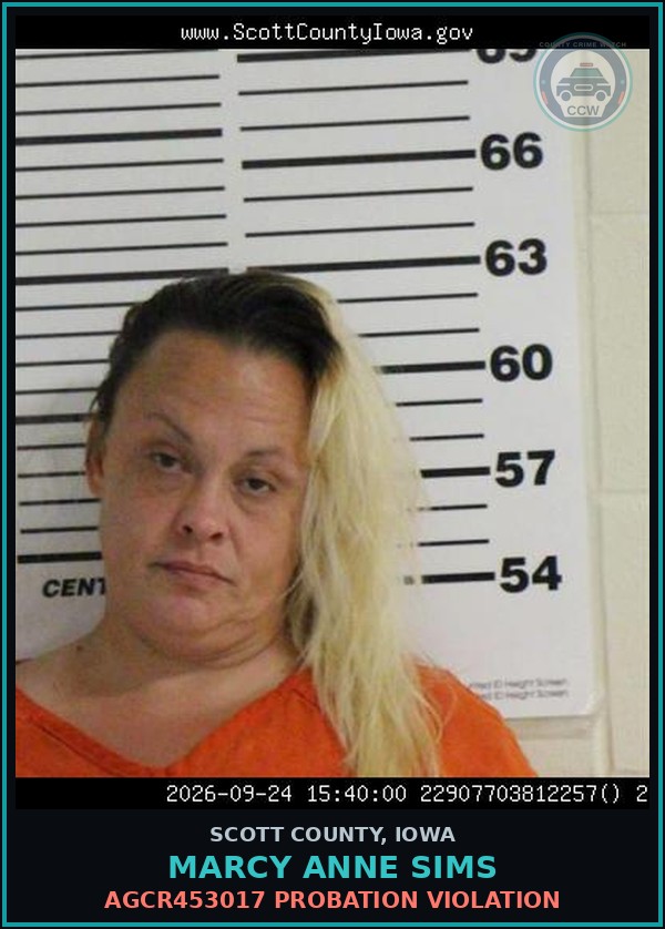 Booking mugshot of Marcy Anne Sims in Scott County