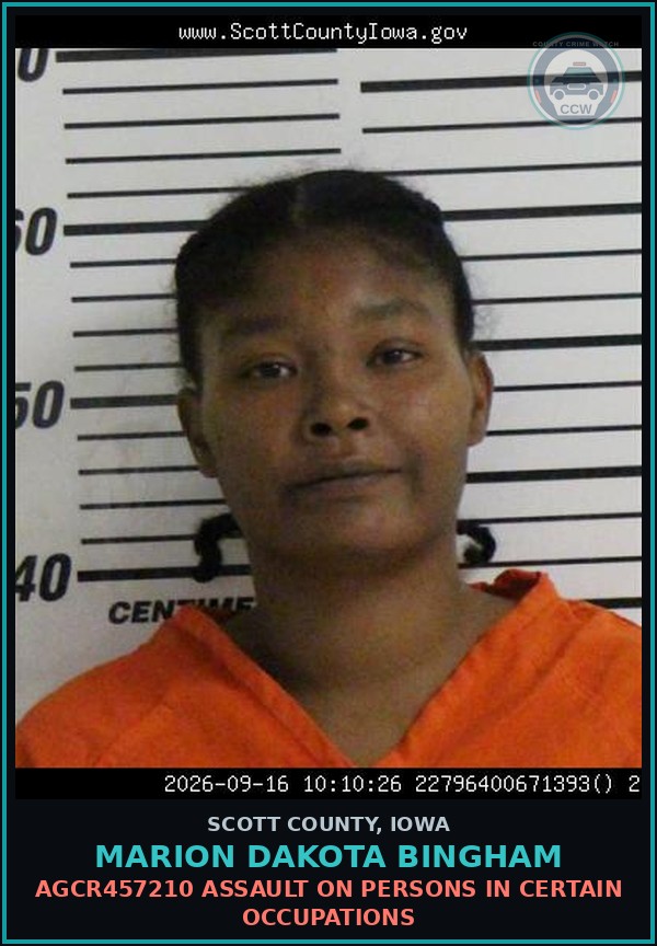 Booking mugshot of Marion Dakota Bingham in Scott County
