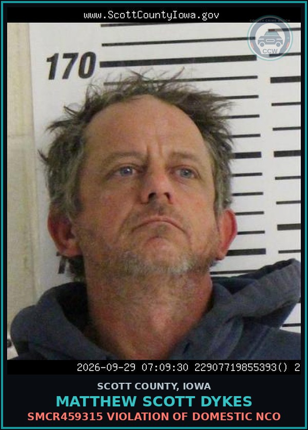 Booking mugshot of Matthew Scott Dykes in Scott County