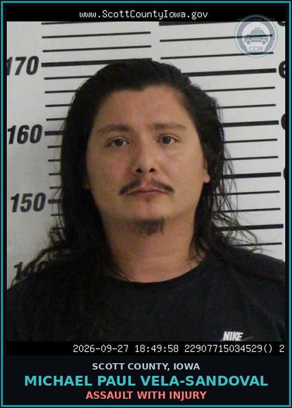Booking mugshot of Michael Paul Vela-Sandoval in Scott County