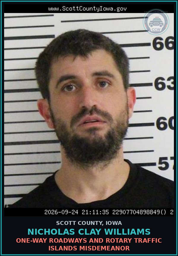 Booking mugshot of Nicholas Clay Williams in Scott County