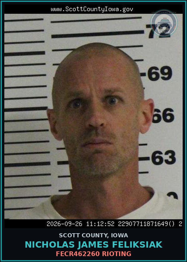 Booking mugshot of Nicholas James Feliksiak in Scott County