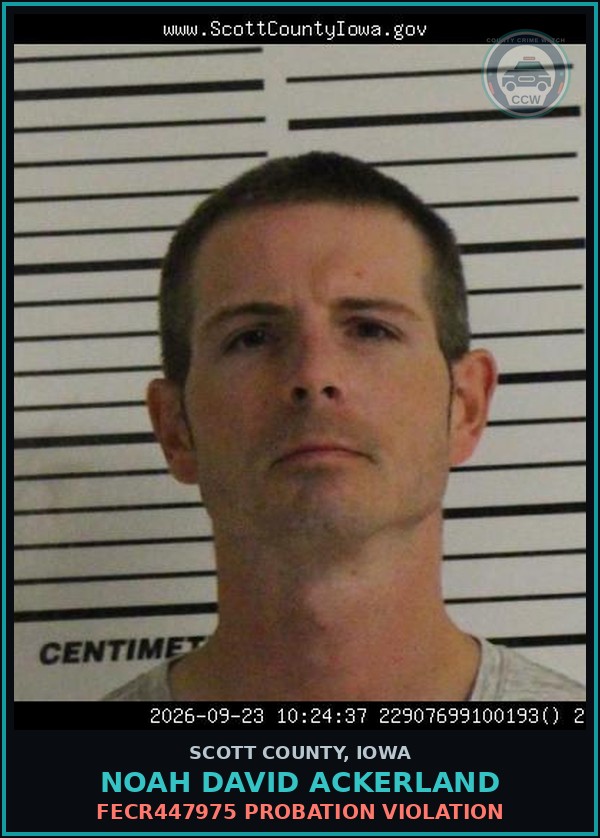 Booking mugshot of Noah David Ackerland in Scott County