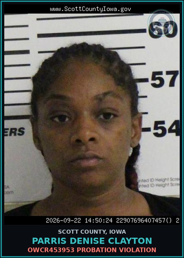 Booking mugshot of Parris Denise Clayton in Scott County