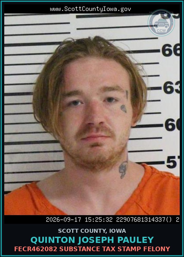 Booking mugshot of Quinton Joseph Pauley in Scott County