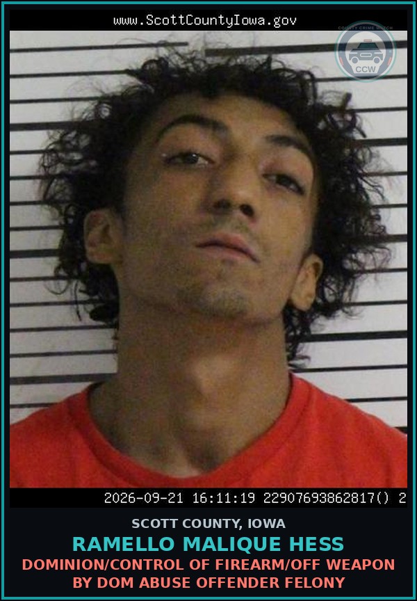 Booking mugshot of Ramello Malique Hess in Scott County