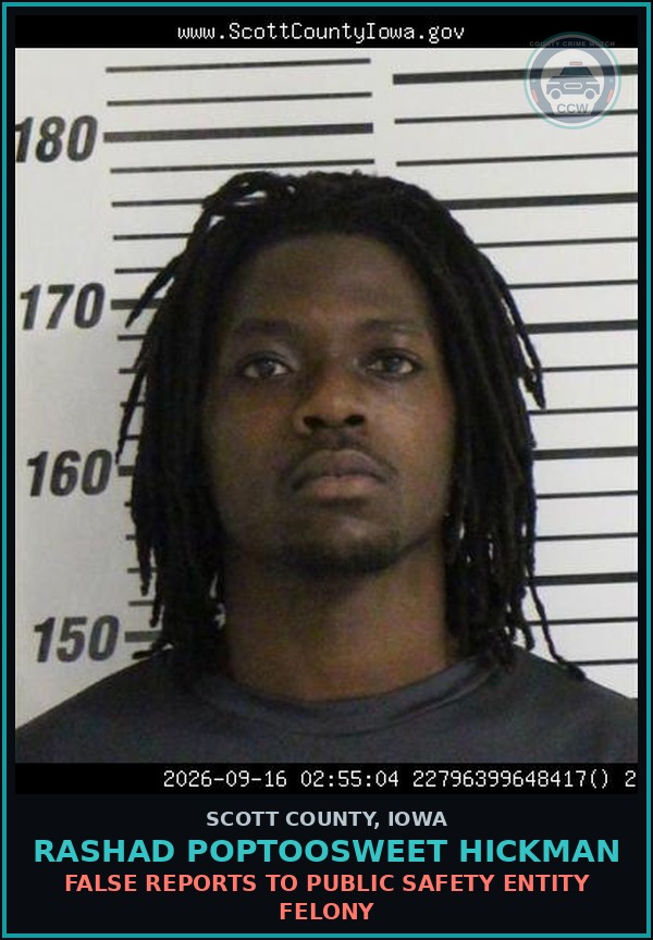 Booking mugshot of Rashad Poptoosweet Hickman in Scott County