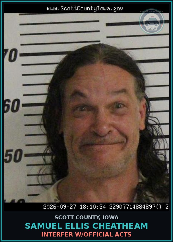 Booking mugshot of Samuel Ellis Cheatheam in Scott County