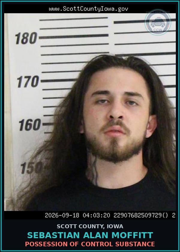 Booking mugshot of Sebastian Alan Moffitt in Scott County