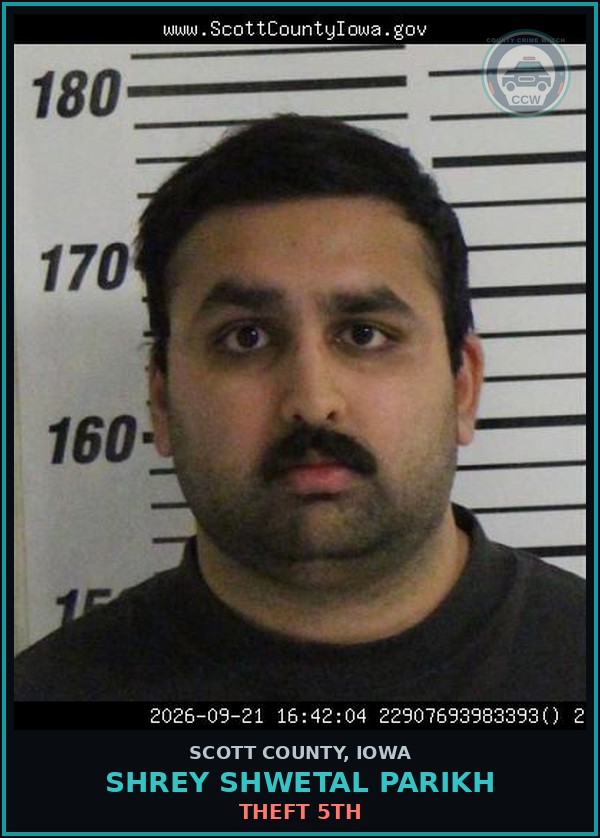 Booking mugshot of Shrey Shwetal Parikh in Scott County