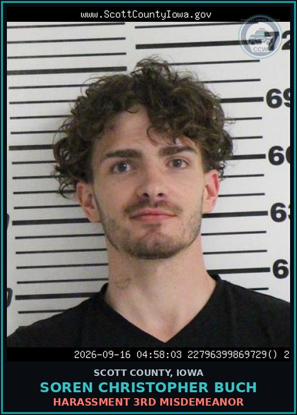 Booking mugshot of Soren Christopher Buch in Scott County