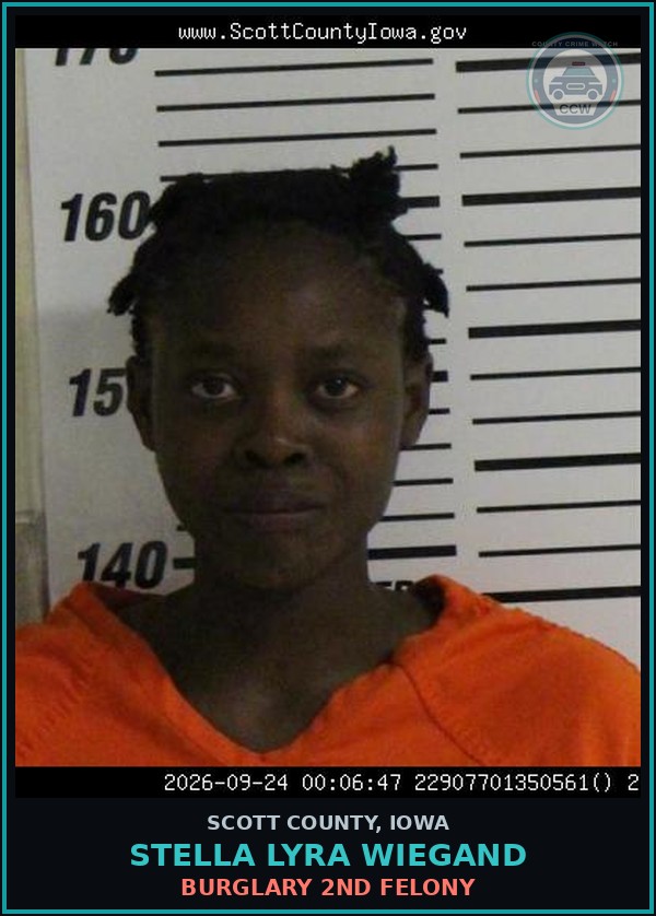 Booking mugshot of Stella Lyra Wiegand in Scott County