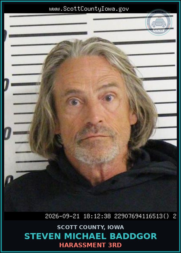 Booking mugshot of Steven Michael Baddgor in Scott County