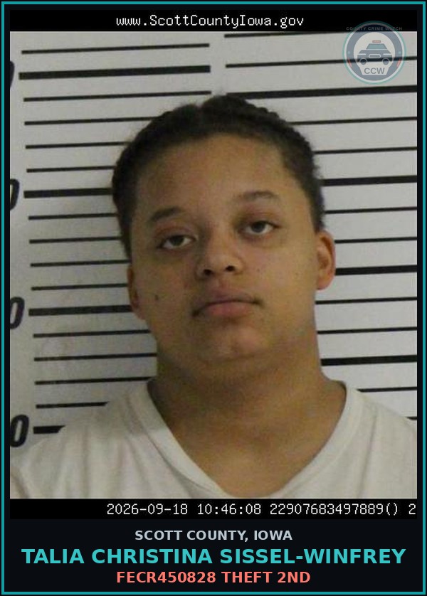 Booking mugshot of Talia Christina Sissel-Winfrey in Scott County