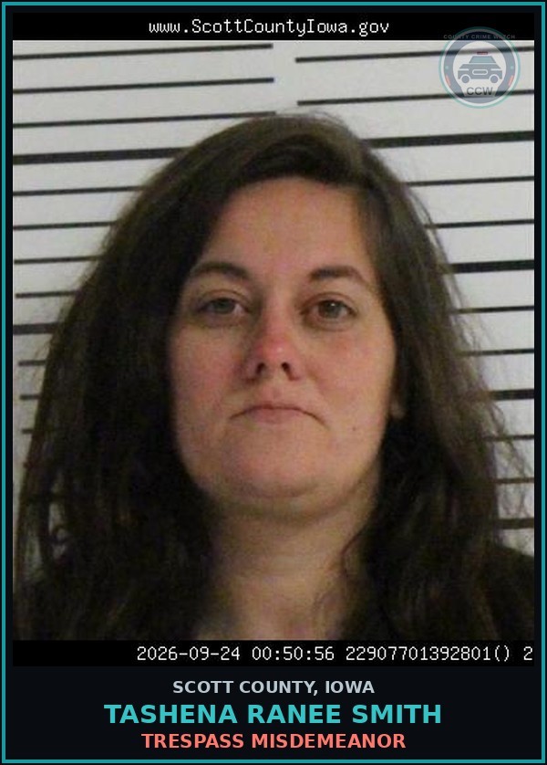 Booking mugshot of Tashena Ranee Smith in Scott County