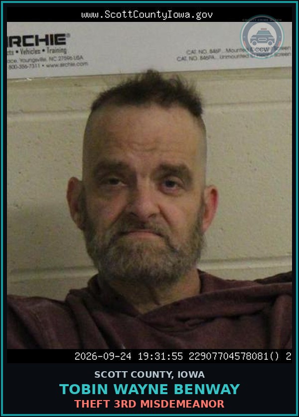 Booking mugshot of Tobin Wayne Benway in Scott County