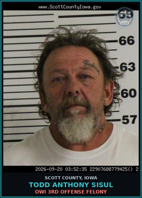 Booking mugshot of Todd Anthony Sisul in Scott County