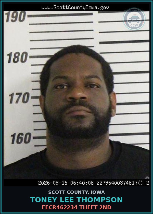 Booking mugshot of Toney Lee Thompson in Scott County