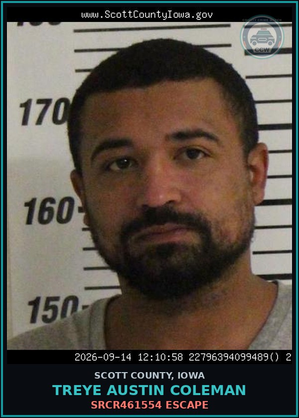 Booking mugshot of Treye Austin Coleman in Scott County