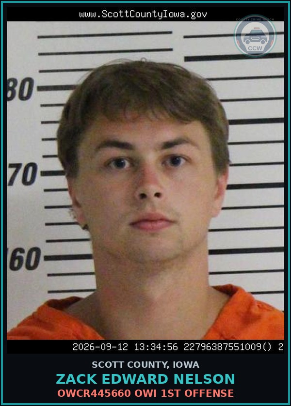 Booking mugshot of Zack Edward Nelson in Scott County