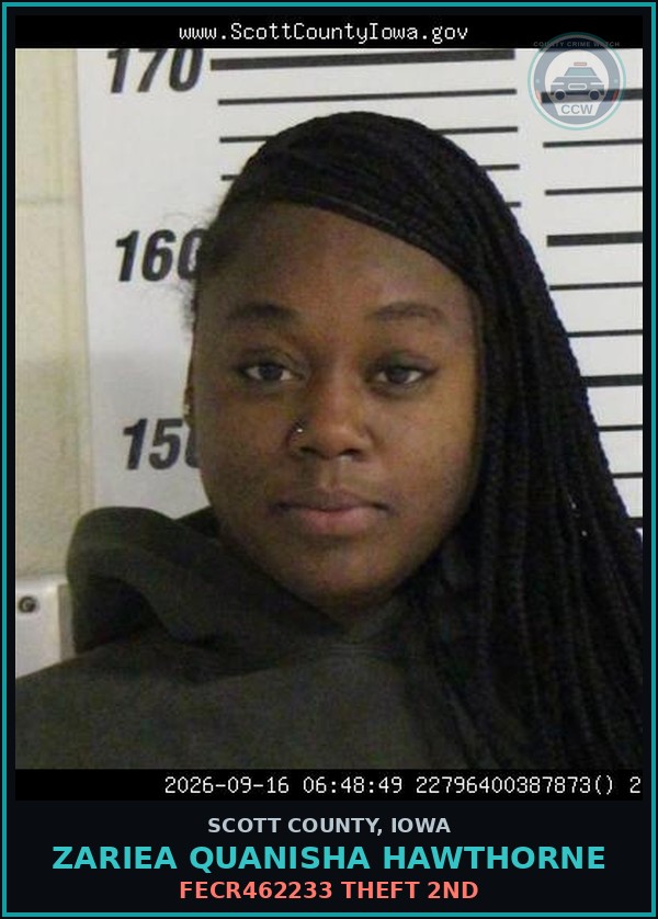 Booking mugshot of Zariea Quanisha Hawthorne in Scott County
