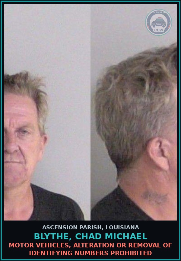 Booking mugshot of Blythe, Chad Michael in Ascension Parish