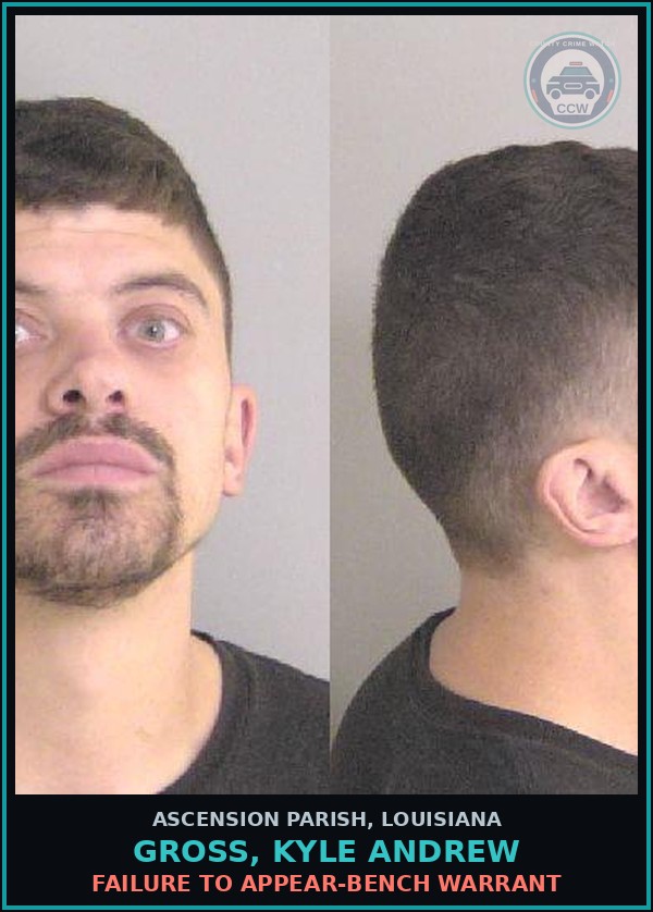 Booking mugshot of Gross, Kyle Andrew in Ascension Parish