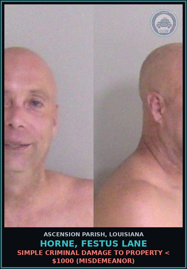 Booking mugshot of Horne, Festus Lane in Ascension Parish