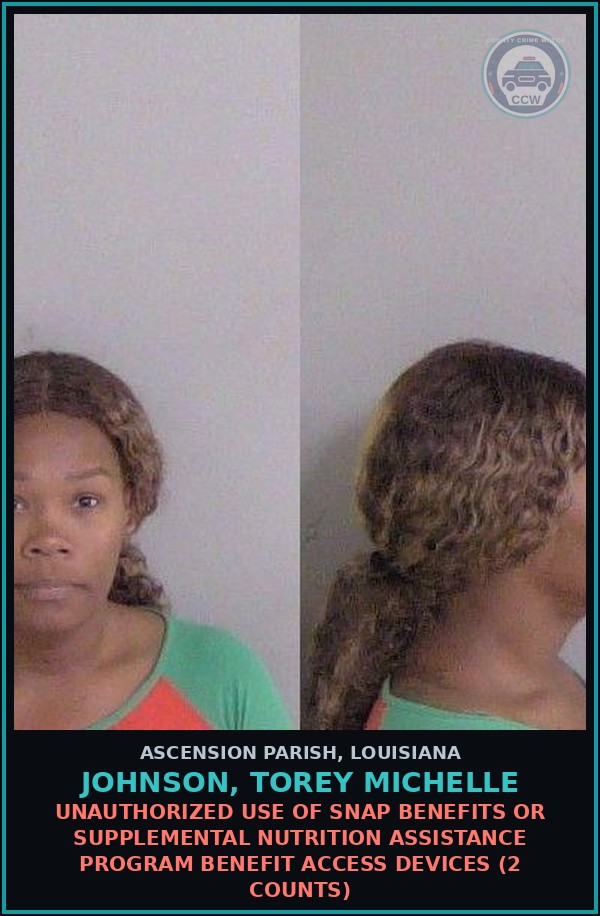 Booking mugshot of Johnson, Torey Michelle in Ascension Parish