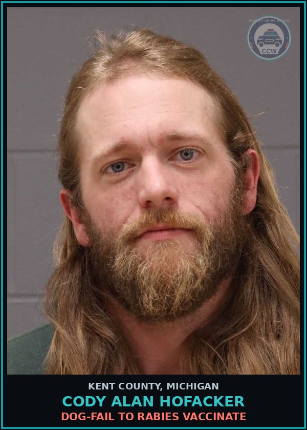 Booking mugshot of Cody Alan Hofacker in Kent County