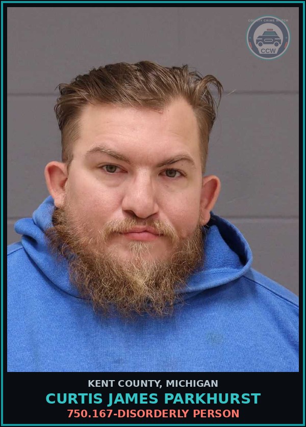Booking mugshot of Curtis James Parkhurst in Kent County