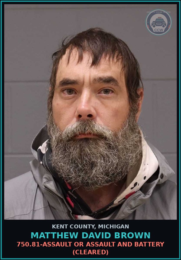 Booking mugshot of Matthew David Brown in Kent County