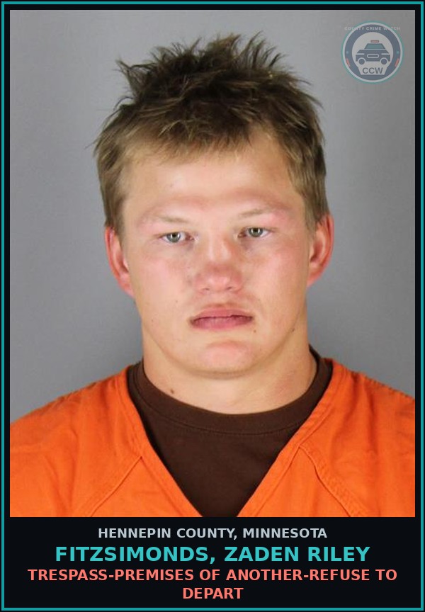 Booking mugshot of FITZSIMONDS, ZADEN RILEY in Hennepin County